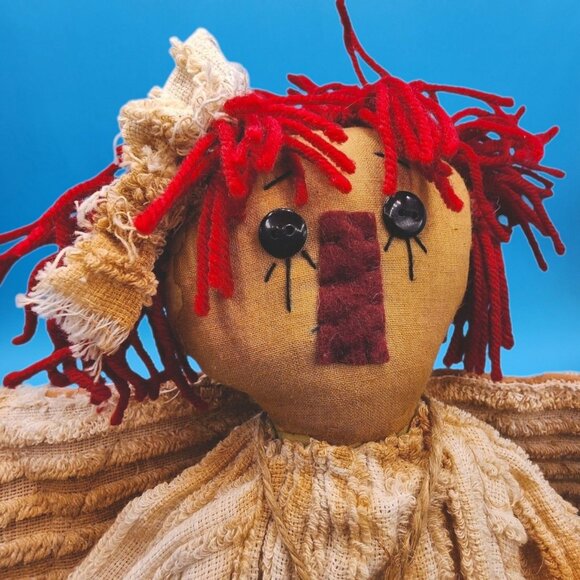 1990s Primitive Shabby Angel Rag Doll Red Yarn Hair Rustic Christmas Decor - Picture 3 of 10